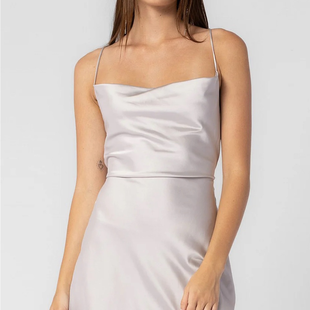 SATIN COWL NECK BACKLESS MINI DRESS GREY